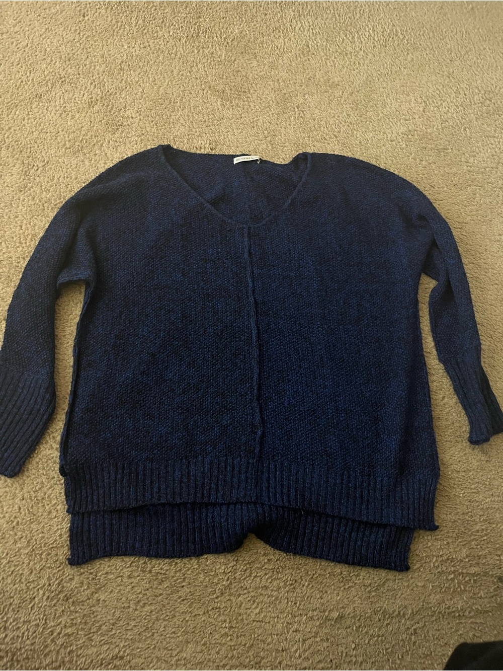 Zenana Outfitters Navy V-Neck Layered Hem Sweater